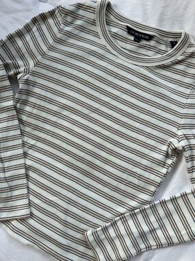 Veronica Beard Cream Ribbed Long-Sleeve Striped Tee